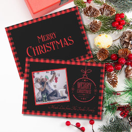 Trendy rode zwarte buffel betaald met familiefoto feestdagenkaart