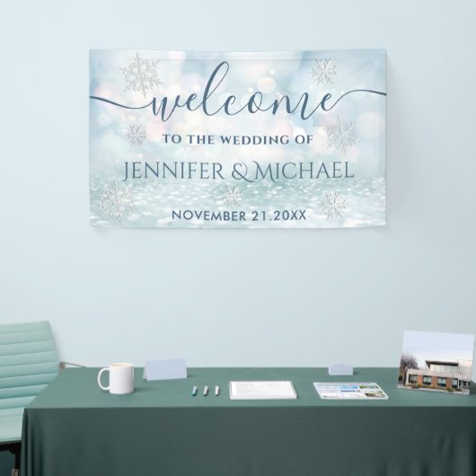 Trendy romantische glitterij winter sneeuwvlok bru spandoek (Beurs)