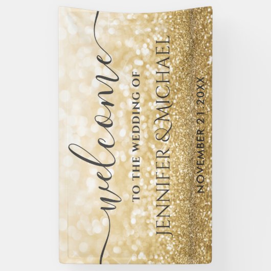 Trendy romantische gouden glitterbruiloft spandoek (Verticaal)