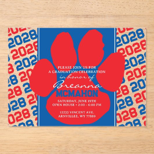 Trendy Rood & Blauw Afstuderen Pawprint Clear Acryl Uitnodigingen (Voorkant)