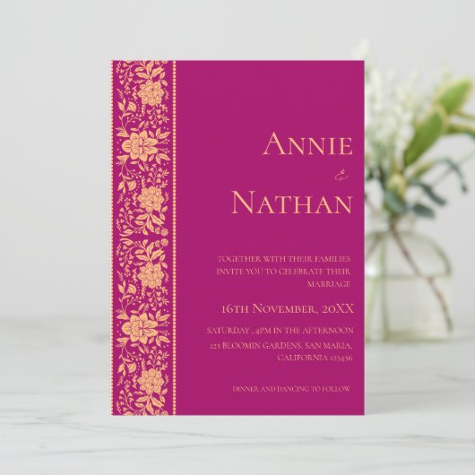 Trendy rood en goud ontwerp bruiloft uitnodiging (Staand voorkant)