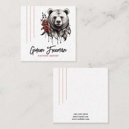 Trendy Rood en Zwart Beer Roos Tattoo Artiest Vierkante Visitekaartje (Voorkant / Achterkant)