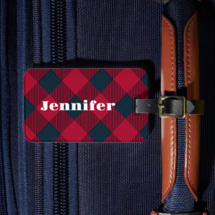 Trendy rood plaid bagagelabel   Gepersonaliseerd