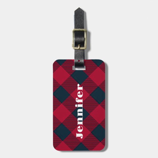 Trendy rood plaid bagagelabel | Gepersonaliseerd (Voorkant verticaal)