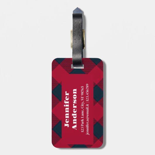 Trendy rood plaid bagagelabel | Gepersonaliseerd (Achterkant verticaal)