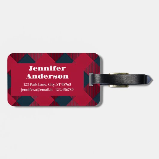 Trendy rood plaid bagagelabel | Gepersonaliseerd (Achterkant horizontaal)