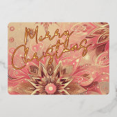 Trendy Rood Roze Abstract Sneeuwvlok Floral Art Go Folie Feestdagenkaart (Voorkant)