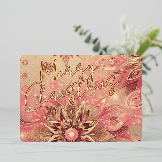 Trendy Rood Roze Abstract Sneeuwvlok Floral Art Go Folie Feestdagenkaart (Staand Voorkant)