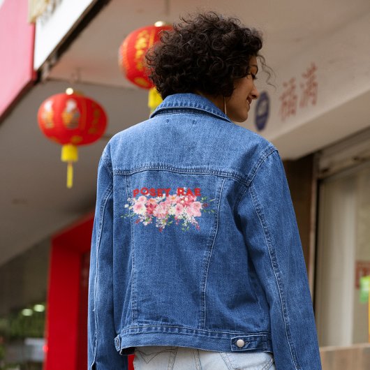 Trendy rood & roze bloemmonogram denim jacket