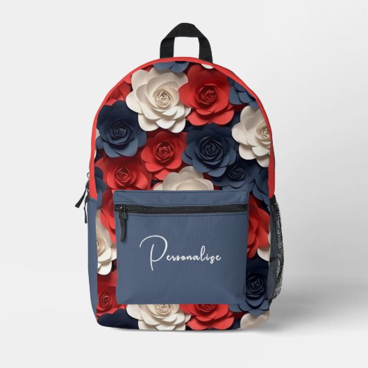 Trendy Rood Wit Blauw Rozen Custom Name Bedrukte Rugzak (Voorkant)