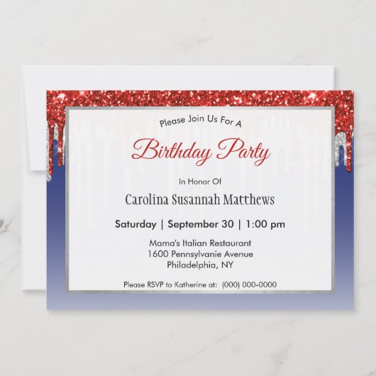 Trendy rood wit en blauw glitter druppels verjaard kaart (Achterkant)