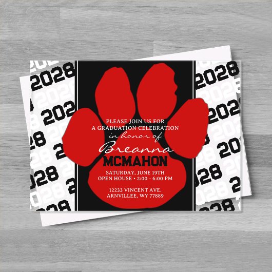 Trendy rood & zwart Afstuderen Pawprint Clear Acryl Uitnodigingen