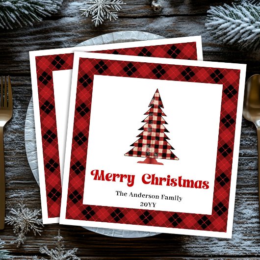 Trendy rood zwart geruit kerstboom servet aangepas