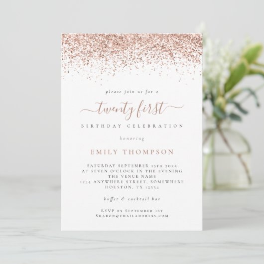 Trendy Roos Glitter Script 21st Birthday Party Kaart (Staand voorkant)