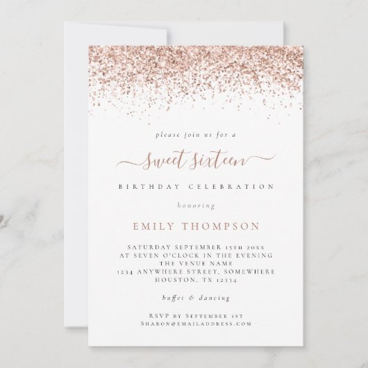 Trendy Roos Glitter Sweet 16 Birthday Party Invite Kaart (Voorkant)
