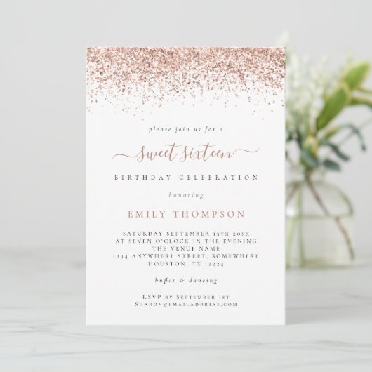 Trendy Roos Glitter Sweet 16 Birthday Party Invite Kaart (Staand voorkant)