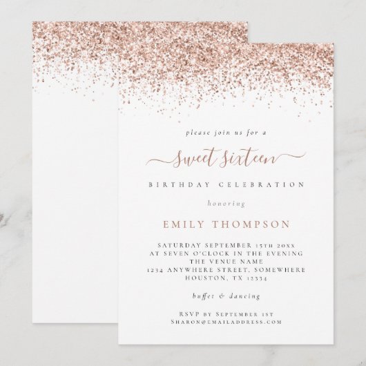Trendy Roos Glitter Sweet 16 Birthday Party Invite Kaart (Voorkant / Achterkant)