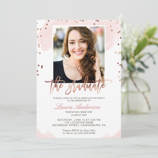 Trendy Roos Gold Afstuderen Foto Graduparty Kaart (Staand voorkant)