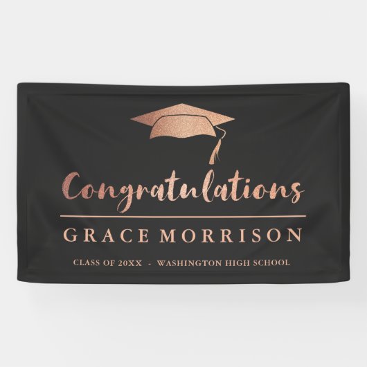 Trendy Roos Gold Black Gefeliciteerd Afstuderen Spandoek (Horizontaal)