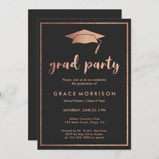 Trendy Roos Gold Black Graduparty Invitation Kaart (Voorkant / Achterkant)