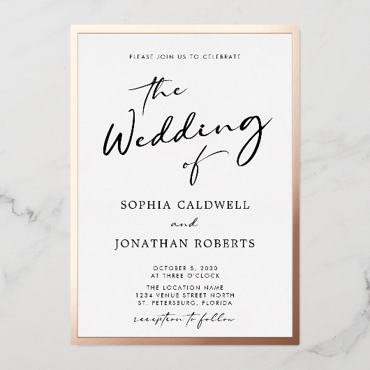 Trendy Roos Gold Calligraphy Script Weddending Folie Uitnodiging (Voorkant)