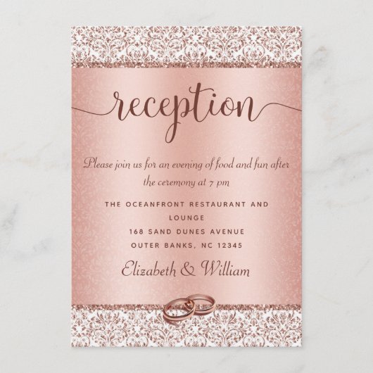 Trendy Roos Gold Damask Glitter Wedding Reception Informatiekaartje (Voorkant)
