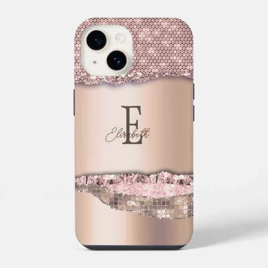 Trendy Roos Gold Diamonds Glitter Monogram iPhone Hoesje (Achterkant)