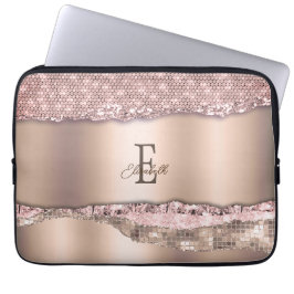 Trendy Roos Gold Diamonds Glitter Monogram Laptop Sleeve