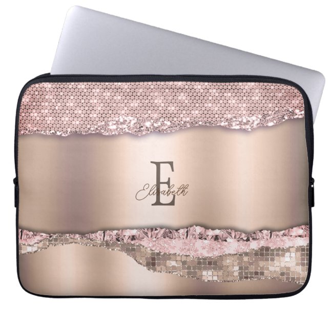 Trendy Roos Gold Diamonds Glitter Monogram Laptop Sleeve (Voorkant)