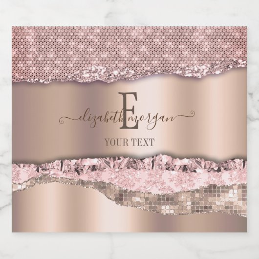 Trendy Roos Gold Diamonds Glitter Monogram Sparkling Wijnetiket (Enkel label)