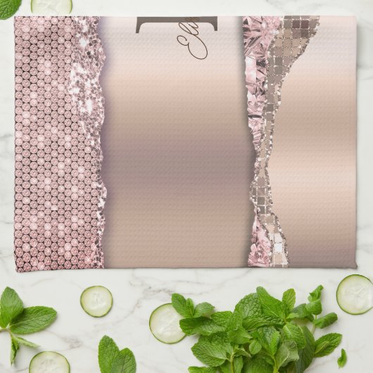 Trendy Roos Gold Diamonds Glitter Monogram Theedoek (Gevouwen)