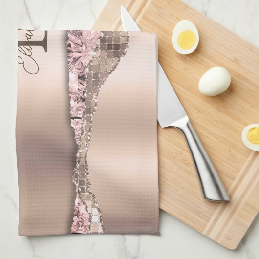 Trendy Roos Gold Diamonds Glitter Monogram Theedoek (Quarter Fold)