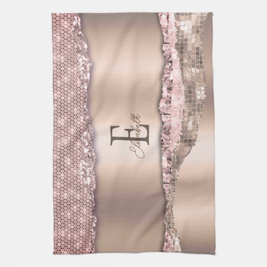 Trendy Roos Gold Diamonds Glitter Monogram Theedoek (Verticaal)