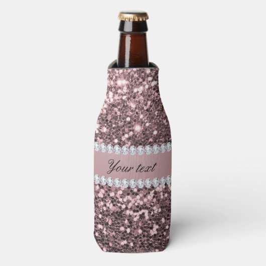 Trendy Roos Gold Faux Glitter en Diamonds Flesjeskoeler (Fles Voorkant)