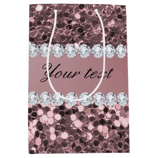 Trendy Roos Gold Faux Glitter en Diamonds Medium Cadeauzakje (Voorkant)