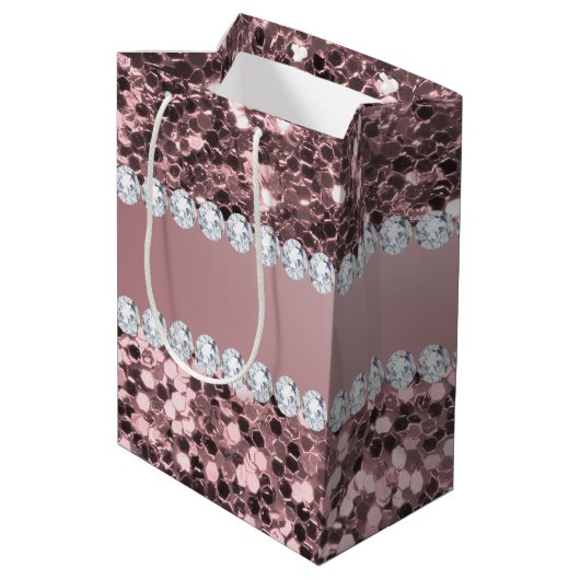 Trendy Roos Gold Faux Glitter en Diamonds Medium Cadeauzakje (Achterkant Gekanteld)