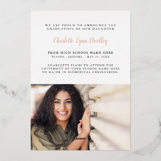 Trendy Roos Gold Foil Afstuderen Aankondiging (Achterkant)