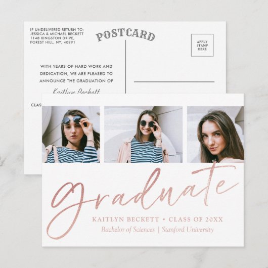 Trendy Roos Gold Foil Script 3 Foto Afstuderen Aankondigingskaart (Voorkant / Achterkant)