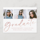Trendy Roos Gold Foil Script 3 Foto Afstuderen Aankondigingskaart (Voorkant)