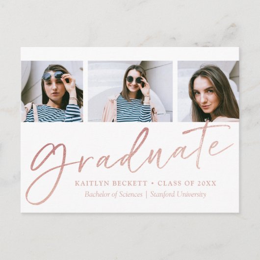 Trendy Roos Gold Foil Script 3 Foto Afstuderen Aankondigingskaart (Voorkant)