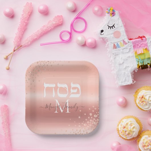 Trendy Roos Gold Glitter Custom Monogram Passover Papieren Bordje (Feest)