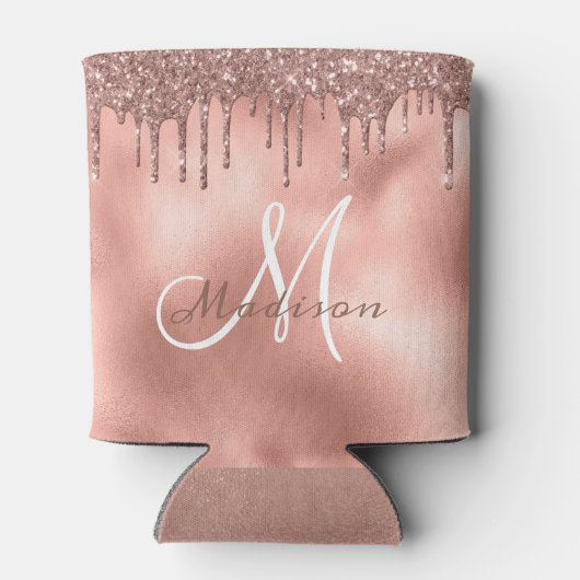 Trendy Roos Gold Glitter Drips Monogramed Blikjeskoeler (Achterkant)