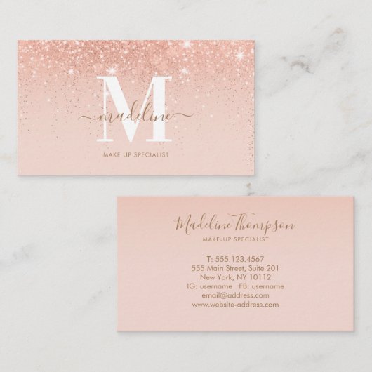 Trendy Roos gold Glitter Elegant Script Monogram Visitekaartje (Voorkant / Achterkant)