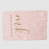 Trendy Roos Gold Glitter Fancy Initialen en naam Golfhanddoek (Horizontaal)