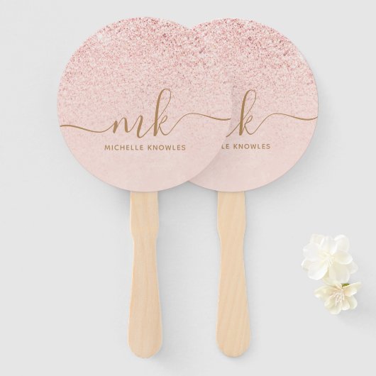 Trendy Roos Gold Glitter Fancy Initialen en naam Handwaaier (Voorkant en achterkant)