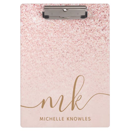 Trendy Roos Gold Glitter Fancy Initialen en naam Klembord (Voorkant)