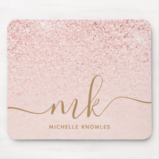 Trendy Roos Gold Glitter Fancy Initialen en naam Muismat (Voorkant)