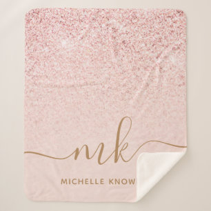 Trendy Roos Gold Glitter Fancy Initialen en naam Sherpa Deken