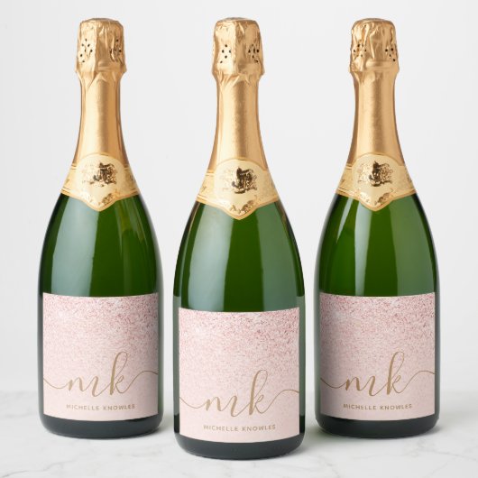 Trendy Roos Gold Glitter Fancy Initialen en naam Sparkling Wijnetiket (Flessen)