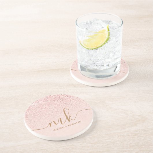 Trendy Roos Gold Glitter Fancy Initialen en naam Zandsteen Onderzetter (Zijkant)